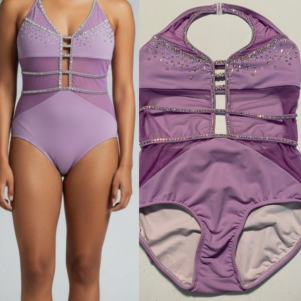 LA dance solo custom purple mesh cutout leotard costume illusion XSA adult